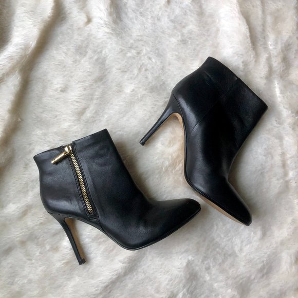 black leather stiletto ankle booties